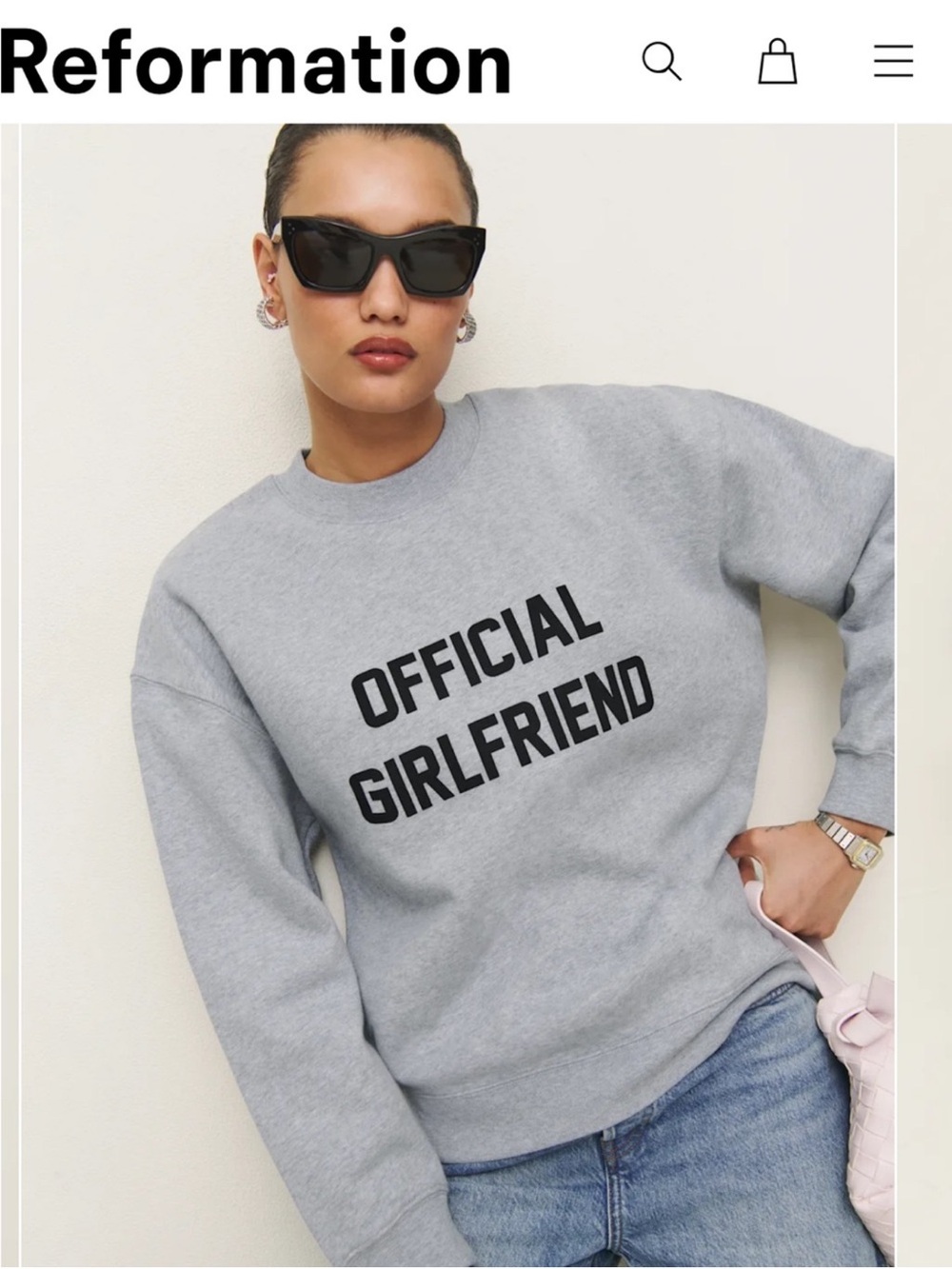 Reformation Grey Emma crewneck Sweatshirt with Black 'OFFICIAL GIRLFRIEND' Logo